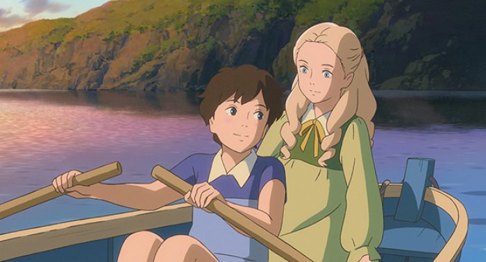bilete frå animasjonsfilm, to jenter i ein robåt, dei ror på eit vatn, fjell, solnedgang